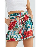 Talisman Toledo Floral Print Elastic Drawstring Waist Cha Cha Pull-On Coordinating Shorts