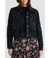 Talisman Torero Beaded Embellished Design Point Collar Button Front Denim Jacket