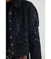 Talisman Torero Beaded Embellished Design Point Collar Button Front Denim Jacket