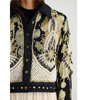 Talisman Torero Beaded Embellished Design Point Collar Button Front Denim Jacket