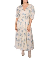 Talisman V-Neck Short Puff Sleeve Bluebell Print Halo Maxi Dress