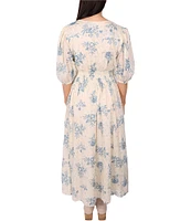 Talisman V-Neck Short Puff Sleeve Bluebell Print Halo Maxi Dress