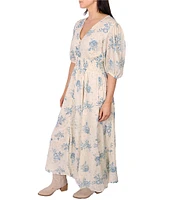 Talisman V-Neck Short Puff Sleeve Bluebell Print Halo Maxi Dress