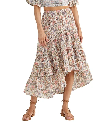 Talisman Vintage Lotus Floral Print High-Low Tiered Ruffled Hem Sassy Skirt