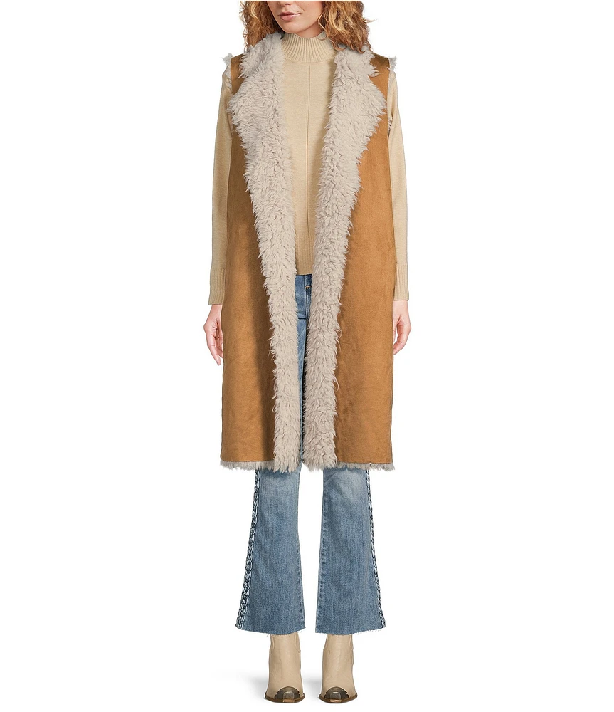 Talisman Wanderer Faux Suede Faux Fur Lined Open Front Long Vest