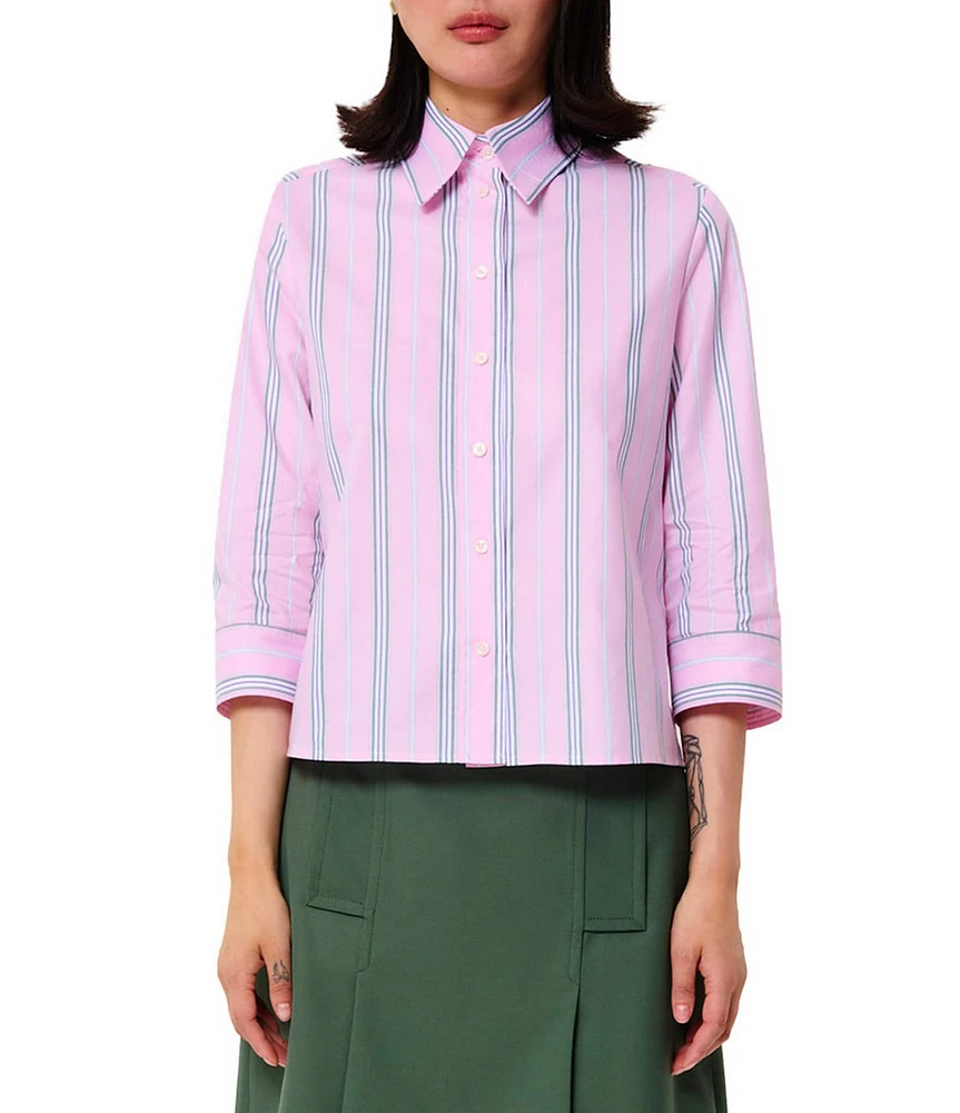 Tara Jarmon Charlot Pinstripe Point Collar 3/4 Sleeve Shirt