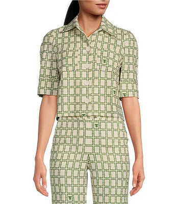 Tara Jarmon Christine Woven Chain Link Logo Pattern Collar Short Sleeve Button Front Coordinating Shirt