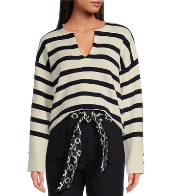 Tara Jarmon Plongeoir Wool Knit Stripe V-Neck Long Sleeve Button Cuff Sweater