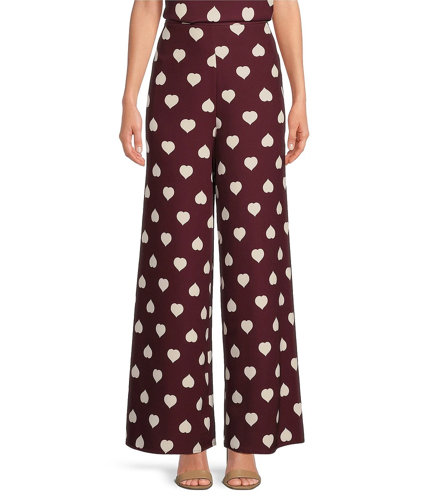 Tara Jarmon Positivo Stretch Woven Heart Print Mid Rise Wide-Leg Pant