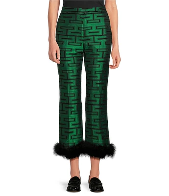 Tara Jarmon Presley Woven Graphic Print Mid Rise Straight Leg Feather Trim Pants