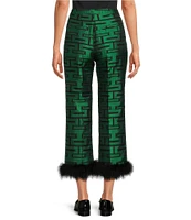 Tara Jarmon Presley Woven Graphic Print Mid Rise Straight Leg Feather Trim Pants