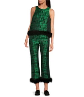 Tara Jarmon Presley Woven Graphic Print Mid Rise Straight Leg Feather Trim Pants