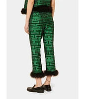 Tara Jarmon Presley Woven Graphic Print Mid Rise Straight Leg Feather Trim Pants