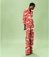 Tara Jarmon Primavera Linen Blend Floral Print Flat Front Straight Leg Pants
