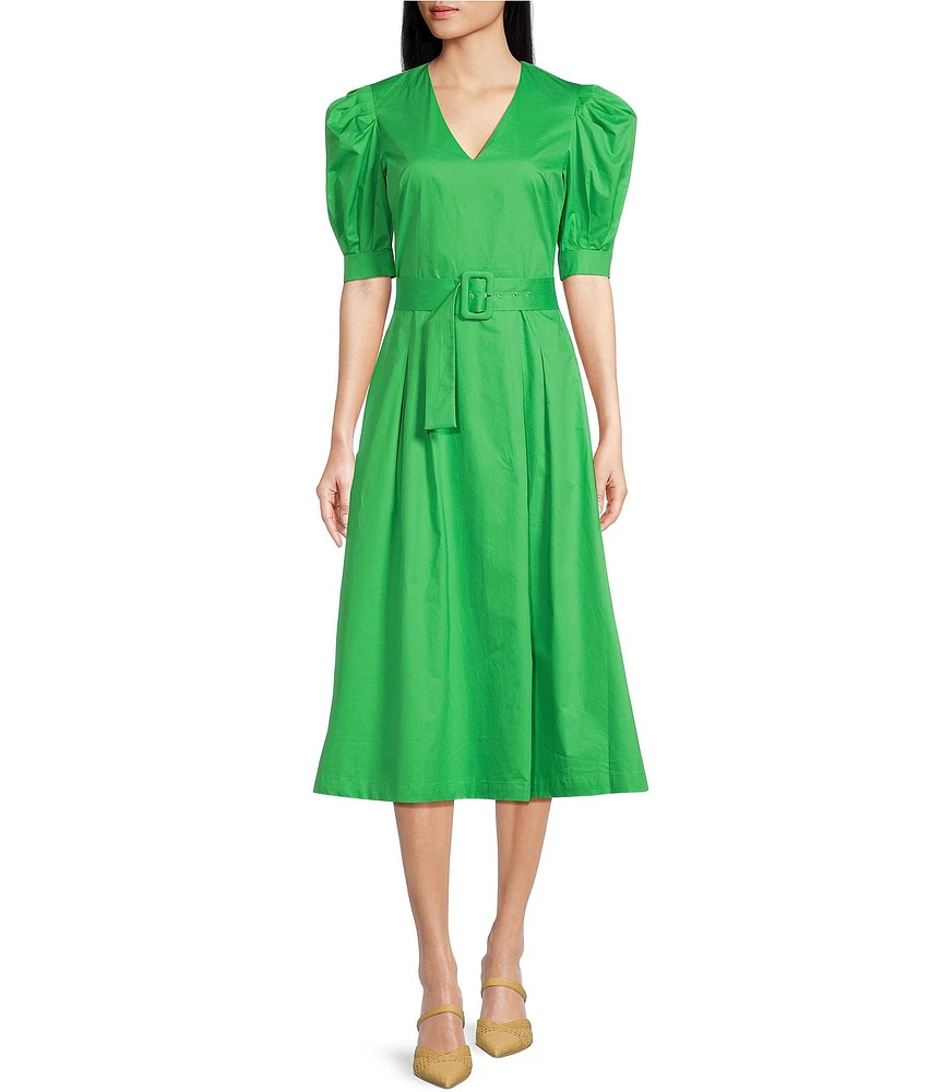 Tara Jarmon Ranya Poplin Woven V-Neck Short Balloon Sleeves Belted Midi A-Line Dress