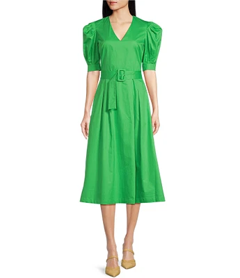 Tara Jarmon Ranya Poplin Woven V-Neck Short Balloon Sleeves Belted Midi A-Line Dress