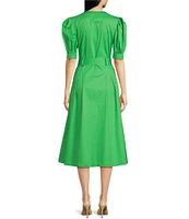 Tara Jarmon Ranya Poplin Woven V-Neck Short Balloon Sleeves Belted Midi A-Line Dress