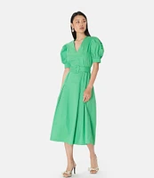 Tara Jarmon Ranya Poplin Woven V-Neck Short Balloon Sleeves Belted Midi A-Line Dress