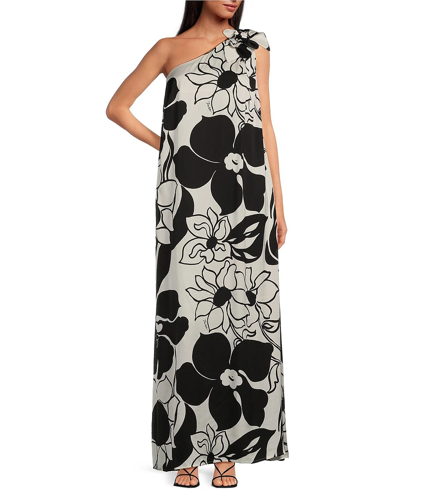 Tara Jarmon Rekia Woven Floral Print Asymmetrical One Shoulder With Flower Maxi Shift Dress