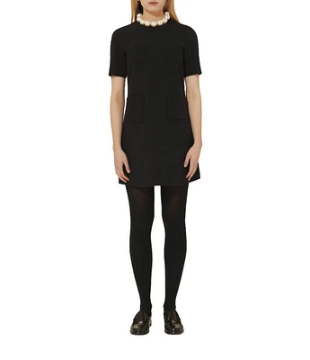 Tara Jarmon Renata Double Knit Round Neck Short Sleeve Sheath Pocketed Dress