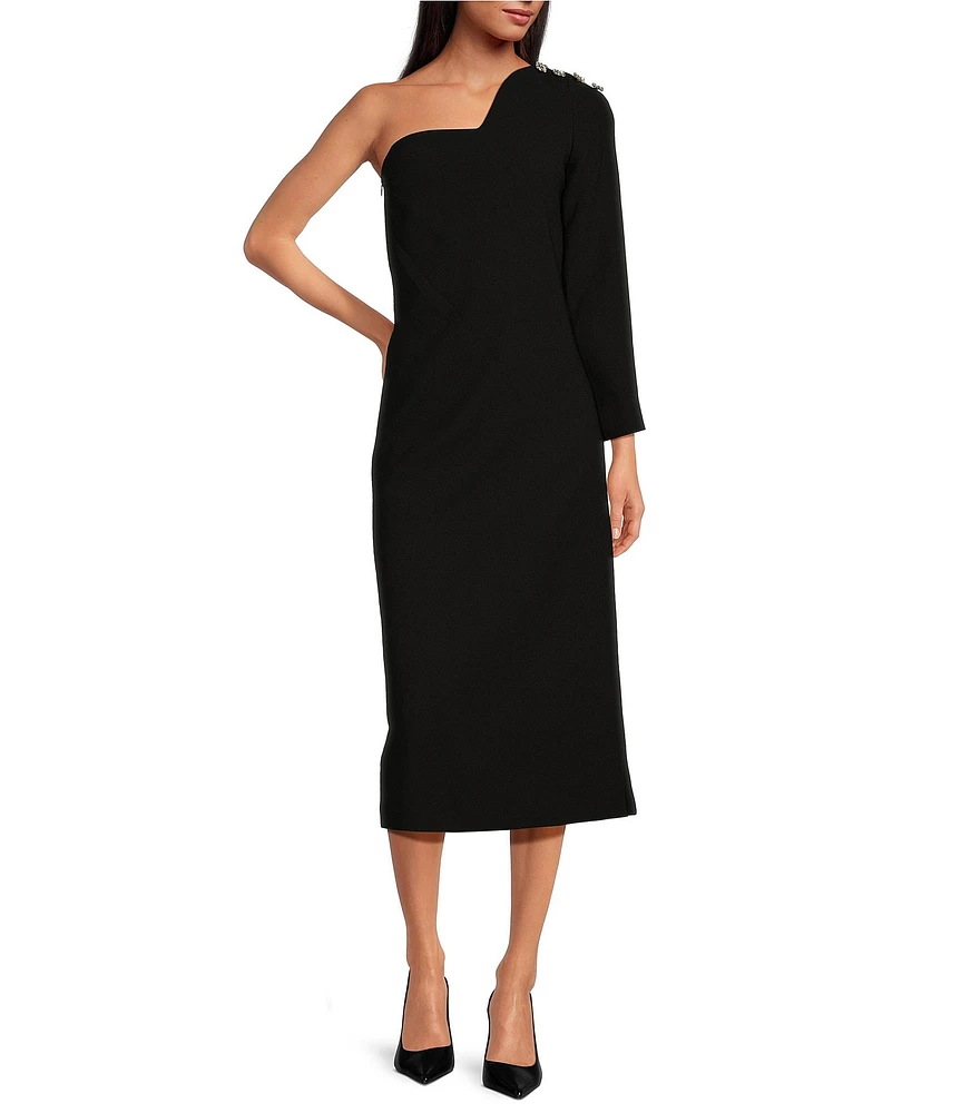 Tara Jarmon Renee Crepe Woven Asymmetrical Sweetheart Neck Single Long Sleeve Midi Sheath Dress