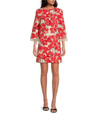 Tara Jarmon Rivanne Floral Print Round Neck Elbow Sleeve Beaded Fringe Dress