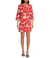 Tara Jarmon Rivanne Floral Print Round Neck Elbow Sleeve Beaded Fringe Dress