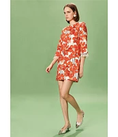 Tara Jarmon Rivanne Floral Print Round Neck Elbow Sleeve Beaded Fringe Dress