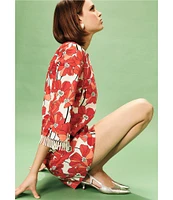 Tara Jarmon Rivanne Floral Print Round Neck Elbow Sleeve Beaded Fringe Dress