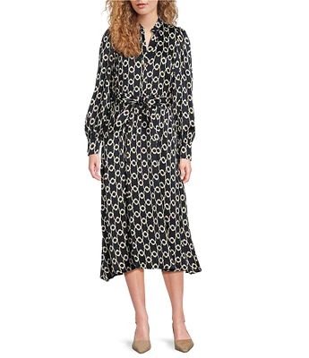 Tara Jarmon Rivoltina Satin Floral Print Notch Collar Long Sleeve Button Front Midi Dress