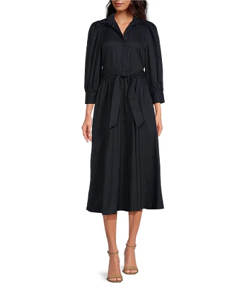 Tara Jarmon Rivoltine Woven Point Collar 3/4 Balloon Sleeve Belted Midi Shirt Dress