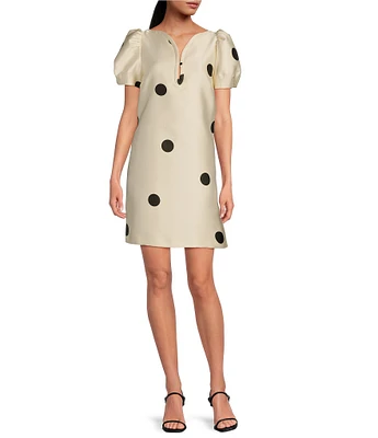 Tara Jarmon Romina Dot Print V-Neck Short Puff Sleeves Dress