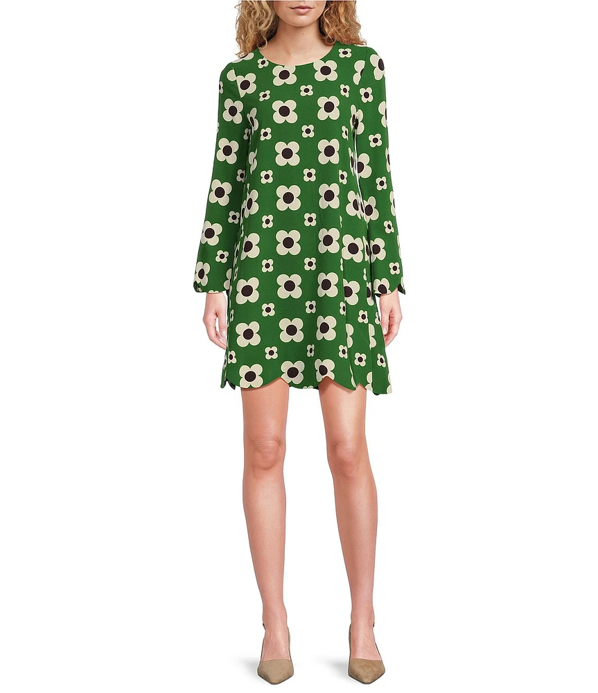 Tara Jarmon Ruoda Crepe Floral Print Bateau Neck Long Sleeve Scallop Trim Shift Dress