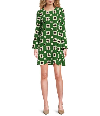 Tara Jarmon Ruoda Crepe Floral Print Bateau Neck Long Sleeve Scallop Trim Shift Dress