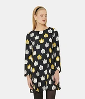 Tara Jarmon Ruoda Crepe Woven Flame Print Round Neck Long Sleeves Shift Dress