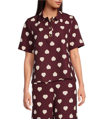 Tara Jarmon Tania Woven Heart Pattern Print Point Collar Short Sleeve Button Front Shirt