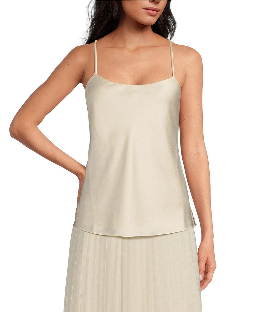 Tara Jarmon Tess Woven Satin Scoop Neck Pearl Detail Spaghetti Strap Tank Top