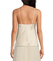 Tara Jarmon Tess Woven Satin Scoop Neck Pearl Detail Spaghetti Strap Tank Top