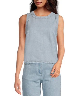 Tara Jarmon Tokono Contrast Stitch Detail Round Neck Sleeveless Cropped Denim Top