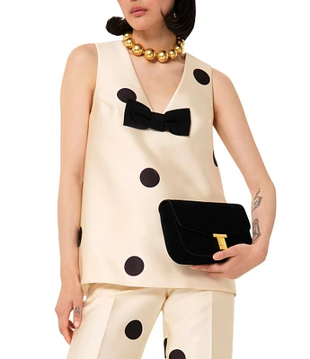 Tara Jarmon Topaze Dotted Duchess Satin V-Neck Sleeveless Bow Top