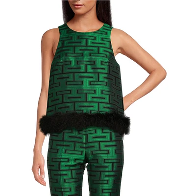 Tara Jarmon Twiggy Jacquard Graphic Print Round Neck Sleeveless Feather Hem Top