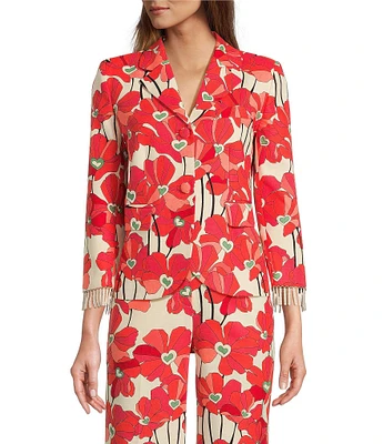 Tara Jarmon Valensole Floral Print Notch Lapel Bracelet Sleeve Beaded Fringe Jacket