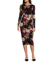 Taylor Floral Mesh Scoop Neck Long Sheer Sleeve Faux Wrap Midi Dress