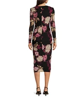 Taylor Floral Mesh Scoop Neck Long Sheer Sleeve Faux Wrap Midi Dress