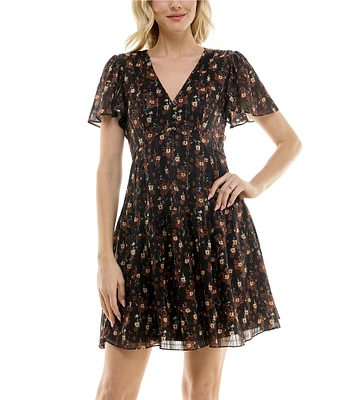 Taylor Floral Print Chiffon V-Neck Short Flutter Sleeve Pleated Mini Dress