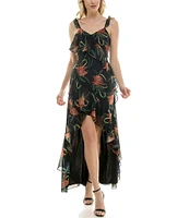 Taylor Floral Print Chiffon V-Neck Sleeveless Ruffle High Low Hem Midi Dress