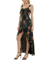 Taylor Floral Print Chiffon V-Neck Sleeveless Ruffle High Low Hem Midi Dress