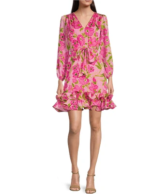 Taylor Floral V-Neck Long Sleeve Tiered Ruffle Hem Dress