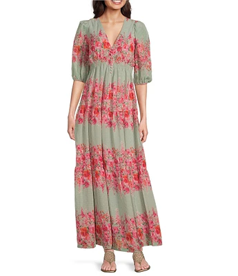 Taylor Floral V-Neck Smock Waist Elbow Length Sleeve Maxi Dress