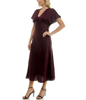 Taylor Flutter Sleeve Empire Waist Stretch Satin A-Line Midi Dress